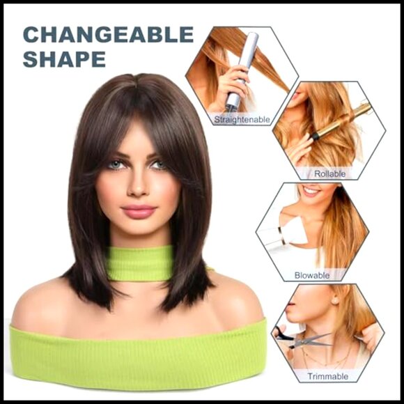 Synthetic Bob Wig with Curtain Bangs Heat Resistant Adjustable Cap Party Cosplay main image 6
